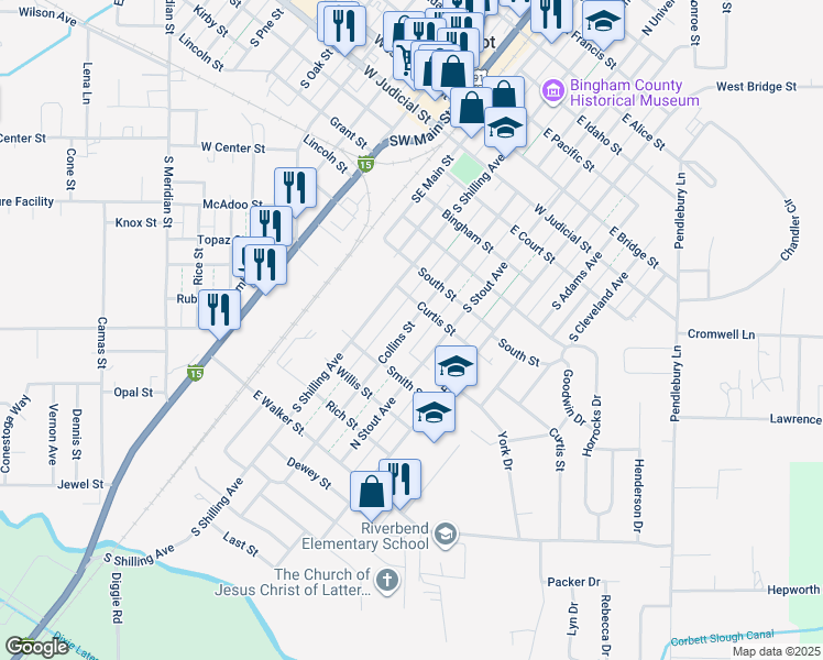 map of restaurants, bars, coffee shops, grocery stores, and more near 634 South University Avenue in Blackfoot
