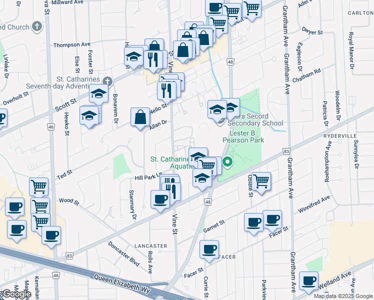 map of restaurants, bars, coffee shops, grocery stores, and more near 292 Vine Street in St. Catharines