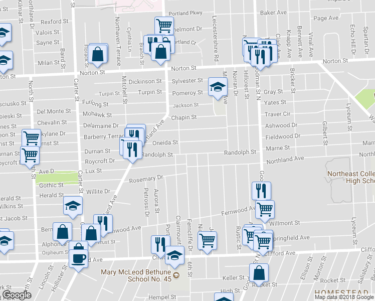 map of restaurants, bars, coffee shops, grocery stores, and more near 154 Randolph Street in Rochester