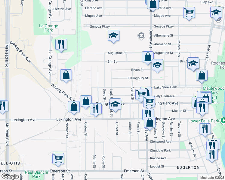 map of restaurants, bars, coffee shops, grocery stores, and more near 128 Lark Street in Rochester