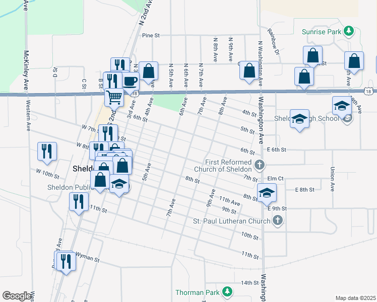 map of restaurants, bars, coffee shops, grocery stores, and more near 668 7th Avenue in Sheldon