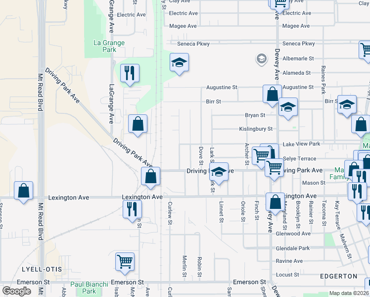 map of restaurants, bars, coffee shops, grocery stores, and more near 52 Argo Park in Rochester
