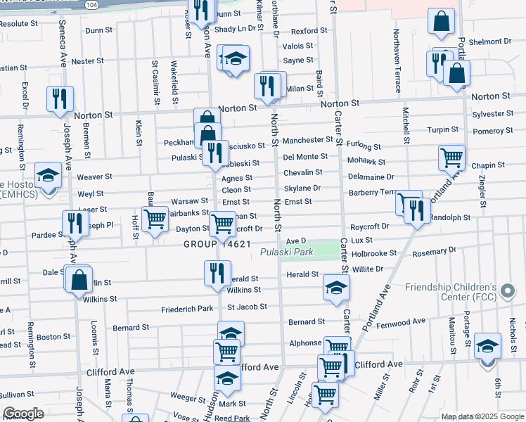 map of restaurants, bars, coffee shops, grocery stores, and more near 97 Durnan Street in Rochester