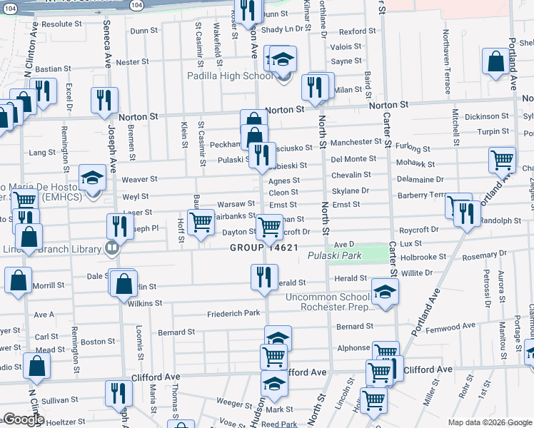 map of restaurants, bars, coffee shops, grocery stores, and more near 929 Hudson Avenue in Rochester