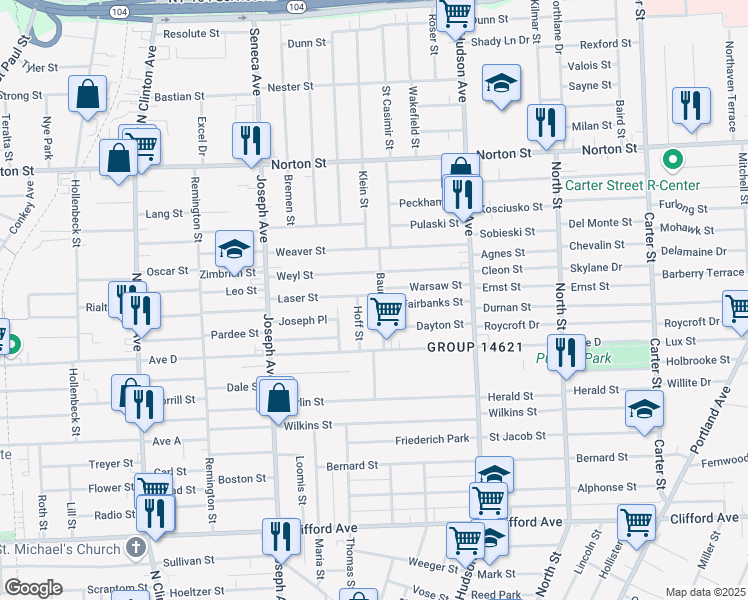 map of restaurants, bars, coffee shops, grocery stores, and more near 60 Hoff Street in Rochester