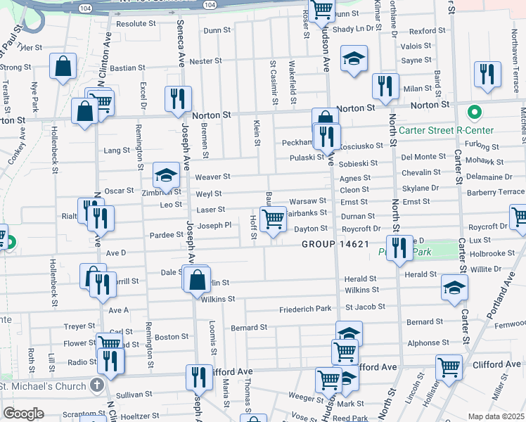 map of restaurants, bars, coffee shops, grocery stores, and more near 60 Hoff Street in Rochester