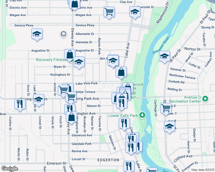 map of restaurants, bars, coffee shops, grocery stores, and more near 80 Selye Terrace in Rochester