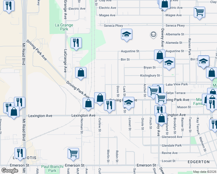 map of restaurants, bars, coffee shops, grocery stores, and more near 52 Argo Park in Rochester