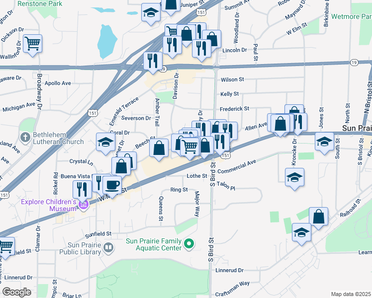 map of restaurants, bars, coffee shops, grocery stores, and more near 960 West Main Street in Sun Prairie