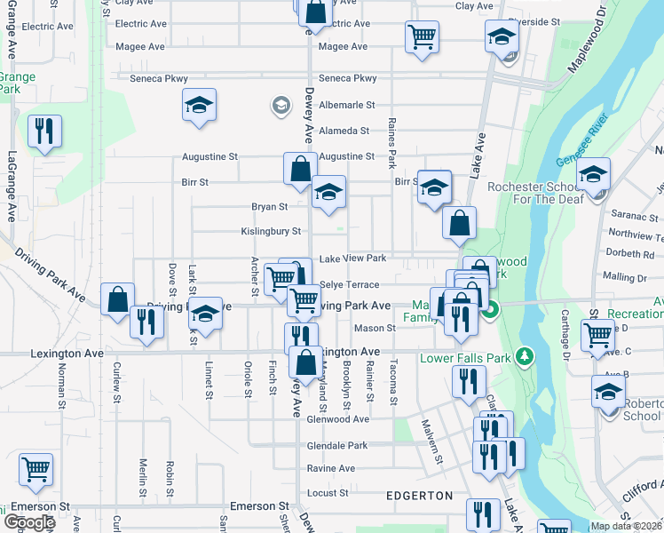map of restaurants, bars, coffee shops, grocery stores, and more near 906 Dewey Avenue in Rochester