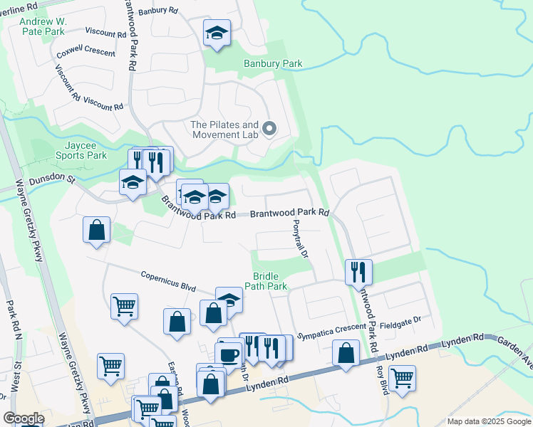 map of restaurants, bars, coffee shops, grocery stores, and more near Brantwood Park Road in Brantford