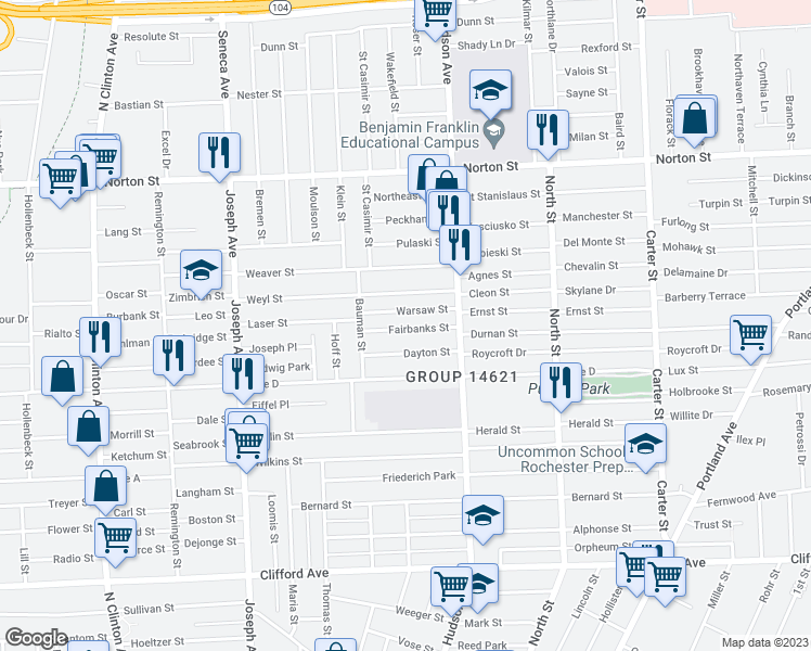 map of restaurants, bars, coffee shops, grocery stores, and more near 62 Fairbanks Street in Rochester