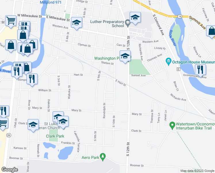map of restaurants, bars, coffee shops, grocery stores, and more near 1215 Randolph Street in Watertown