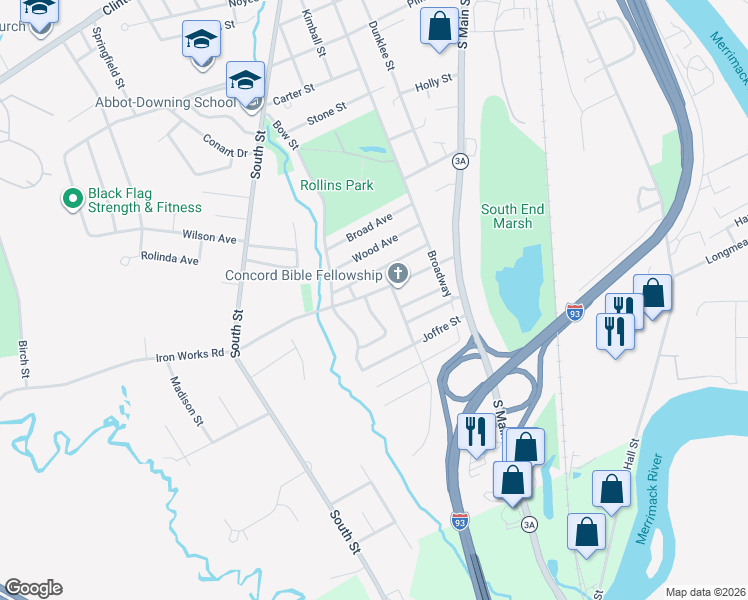 map of restaurants, bars, coffee shops, grocery stores, and more near 4 Fellows Street in Concord