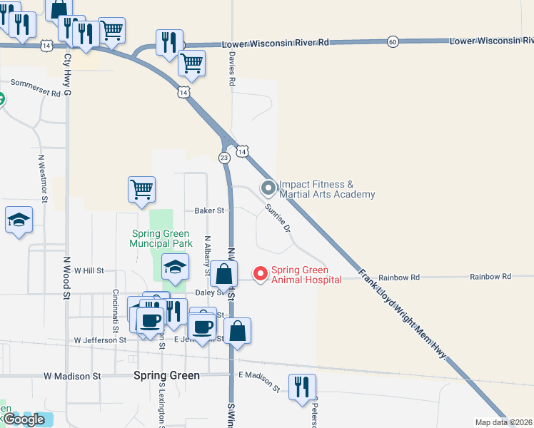 map of restaurants, bars, coffee shops, grocery stores, and more near 533 Sunrise Drive in Spring Green