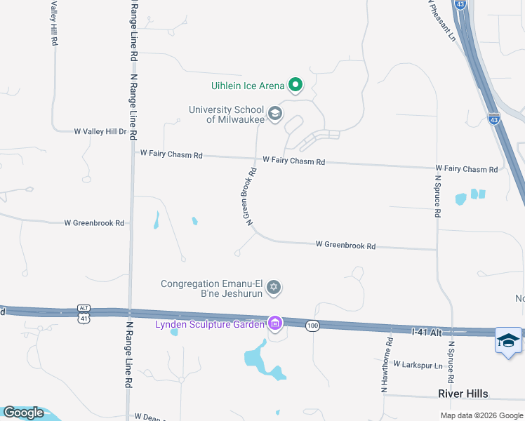 map of restaurants, bars, coffee shops, grocery stores, and more near 8980 North Green Brook Road in River Hills