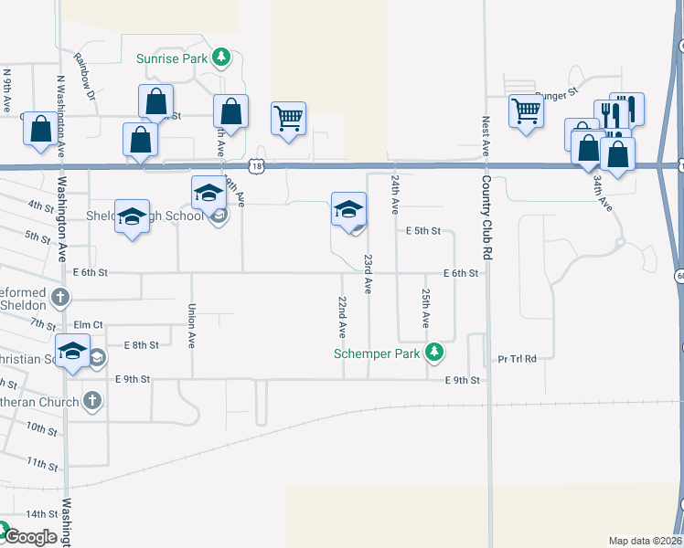 map of restaurants, bars, coffee shops, grocery stores, and more near 601 22nd Avenue in Sheldon