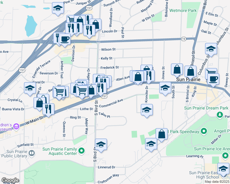 map of restaurants, bars, coffee shops, grocery stores, and more near 641 West Main Street in Sun Prairie