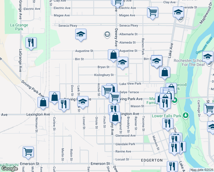 map of restaurants, bars, coffee shops, grocery stores, and more near 303 Lake View Park in Rochester