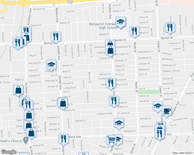 map of restaurants, bars, coffee shops, grocery stores, and more near 40 Fairbanks Street in Rochester