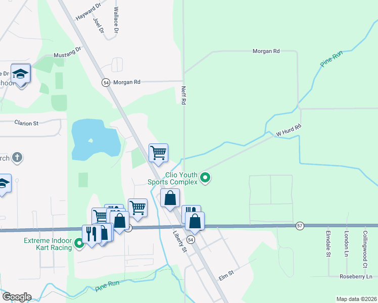 map of restaurants, bars, coffee shops, grocery stores, and more near 12161 Neff Road in Clio