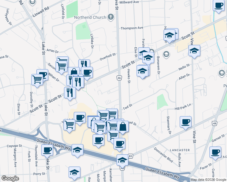 map of restaurants, bars, coffee shops, grocery stores, and more near 363 Geneva Street in Saint Catharines