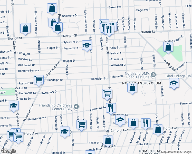 map of restaurants, bars, coffee shops, grocery stores, and more near 285 Randolph Street in Rochester