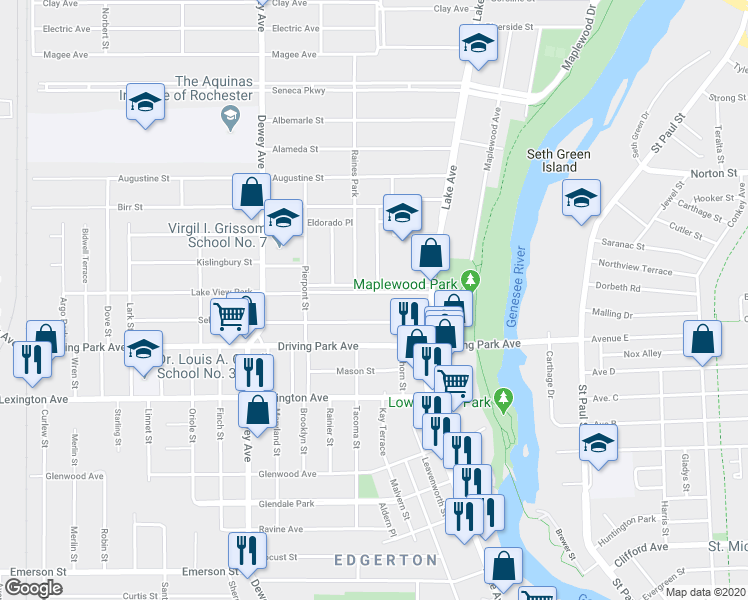map of restaurants, bars, coffee shops, grocery stores, and more near 21 Lake View Park in Rochester