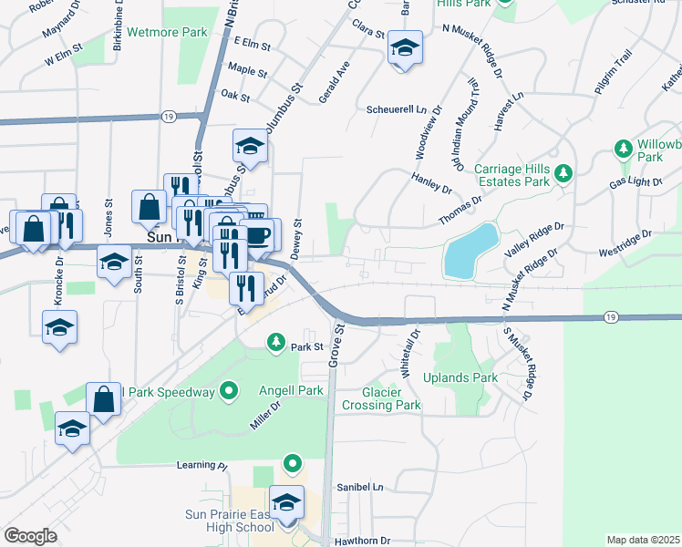 map of restaurants, bars, coffee shops, grocery stores, and more near 500 East Main Street in Sun Prairie