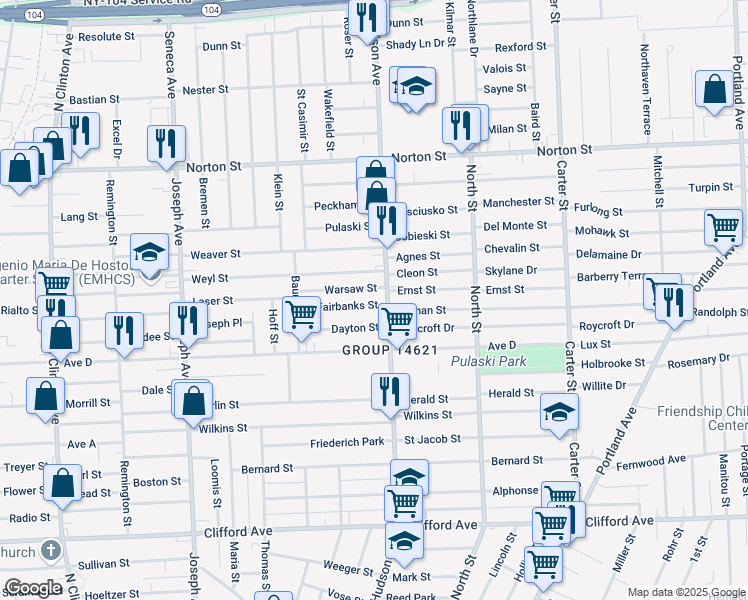 map of restaurants, bars, coffee shops, grocery stores, and more near 116 Fairbanks Street in Rochester