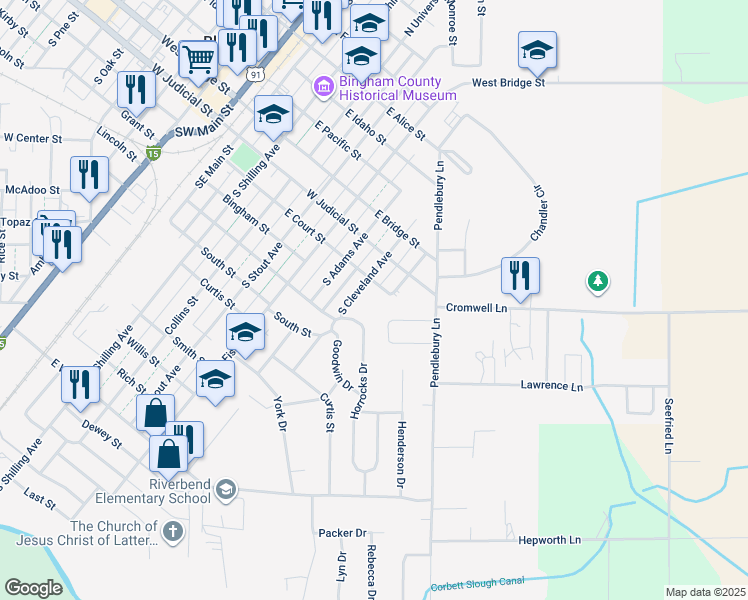 map of restaurants, bars, coffee shops, grocery stores, and more near 75 Horrocks Drive in Blackfoot