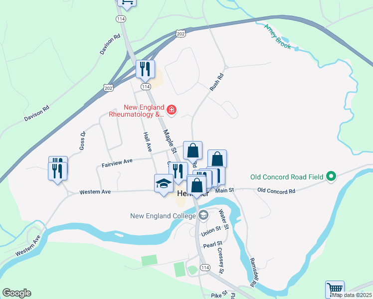 map of restaurants, bars, coffee shops, grocery stores, and more near 86 Maple Street in Henniker
