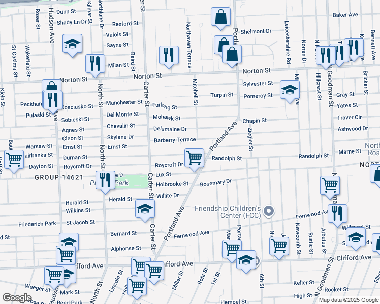 map of restaurants, bars, coffee shops, grocery stores, and more near 416 Roycroft Drive in Rochester