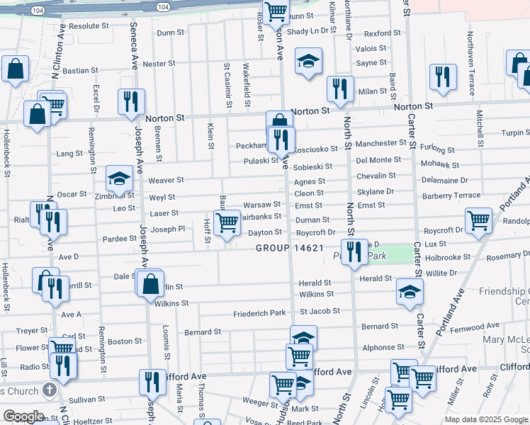 map of restaurants, bars, coffee shops, grocery stores, and more near 73 Fairbanks Street in Rochester