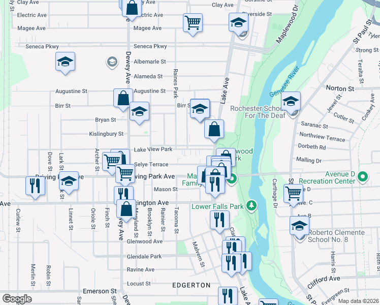 map of restaurants, bars, coffee shops, grocery stores, and more near 80 Selye Terrace in Rochester