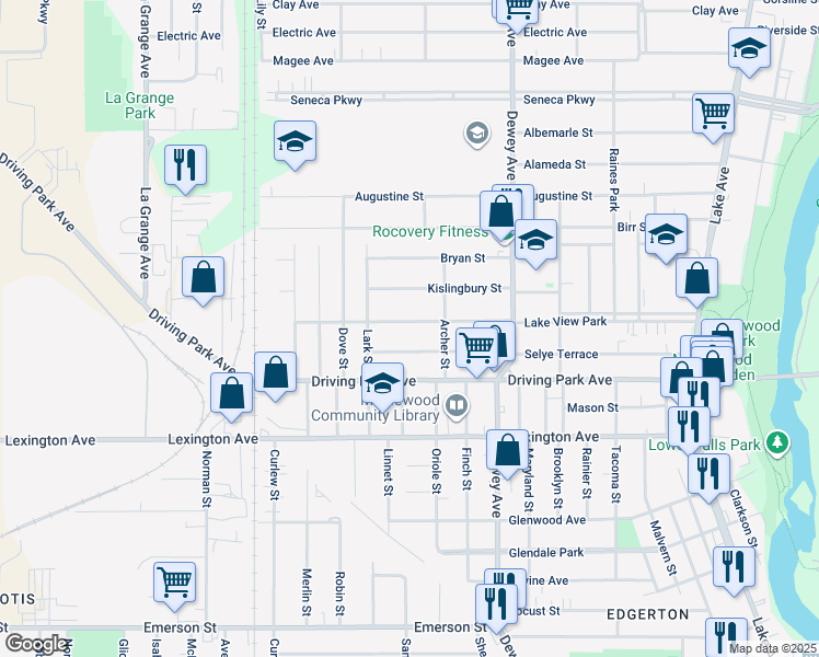 map of restaurants, bars, coffee shops, grocery stores, and more near 400 Selye Terrace in Rochester