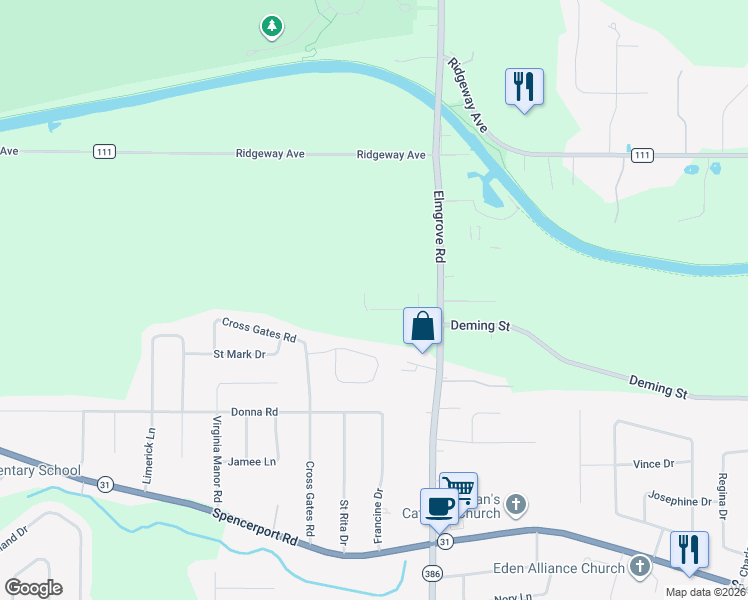 map of restaurants, bars, coffee shops, grocery stores, and more near 85 Elmore Drive in Rochester