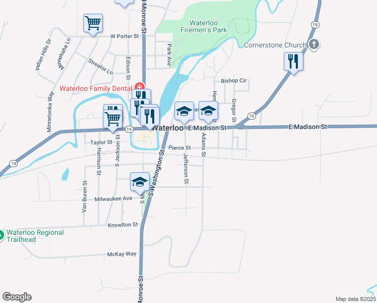 map of restaurants, bars, coffee shops, grocery stores, and more near 254 Jefferson Street in Waterloo