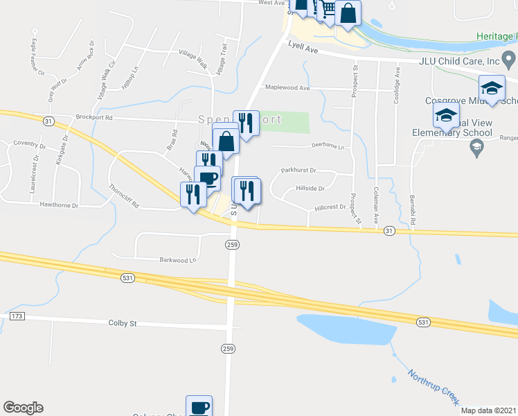 map of restaurants, bars, coffee shops, grocery stores, and more near 2 Union Hill Drive in Spencerport