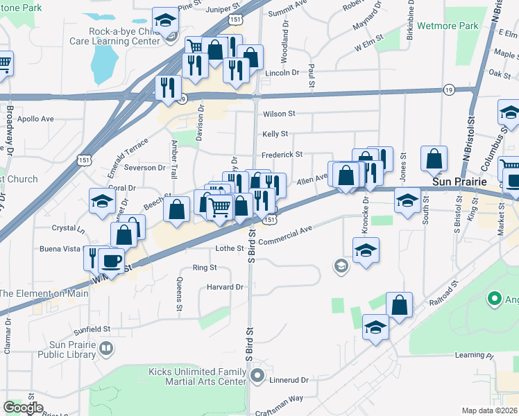map of restaurants, bars, coffee shops, grocery stores, and more near 5 North Bird Street in Sun Prairie