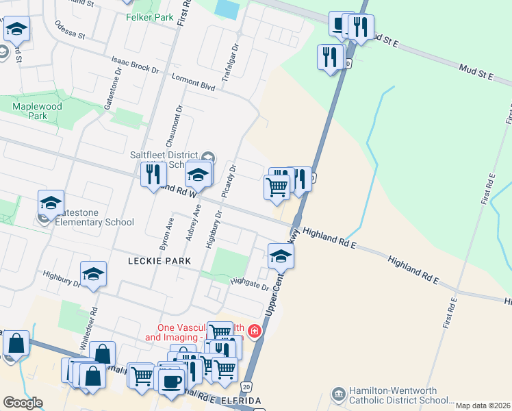map of restaurants, bars, coffee shops, grocery stores, and more near 56 Highland Road West in Hamilton