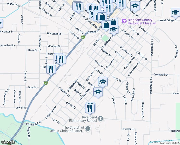 map of restaurants, bars, coffee shops, grocery stores, and more near 634 South University Avenue in Blackfoot