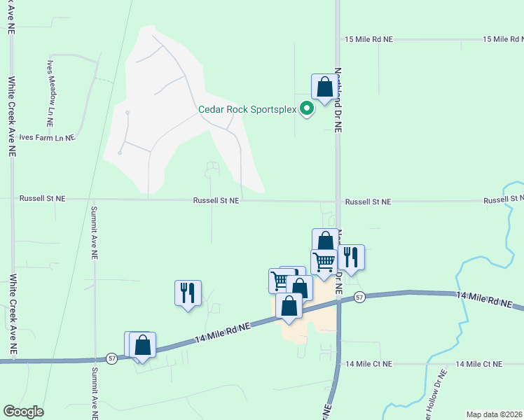 map of restaurants, bars, coffee shops, grocery stores, and more near 4640 Russell Street Northeast in Cedar Springs