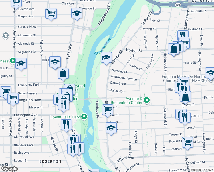 map of restaurants, bars, coffee shops, grocery stores, and more near 1453 Saint Paul Street in Rochester