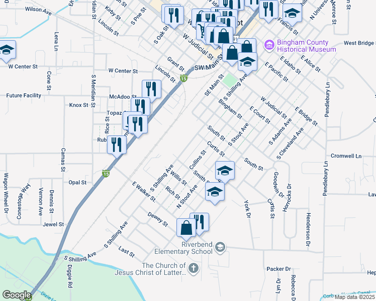 map of restaurants, bars, coffee shops, grocery stores, and more near 686 South Shilling Avenue in Blackfoot