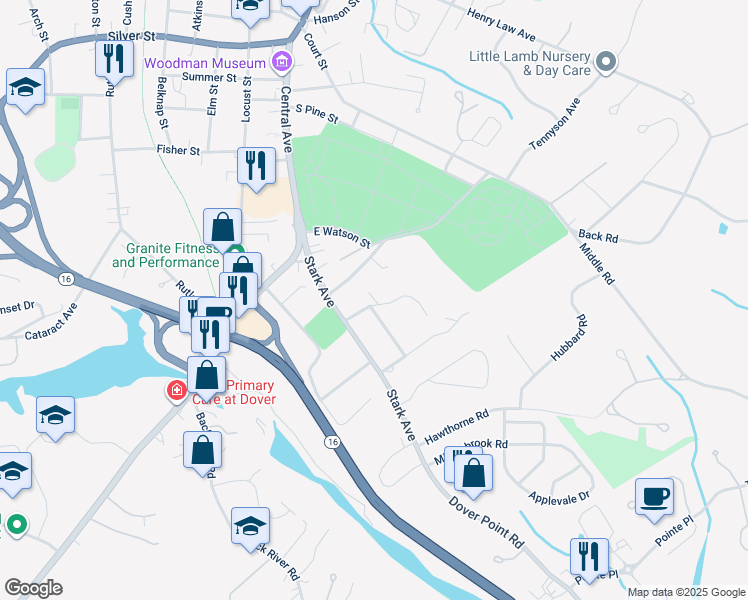 map of restaurants, bars, coffee shops, grocery stores, and more near 3 Longmeadow Road in Dover
