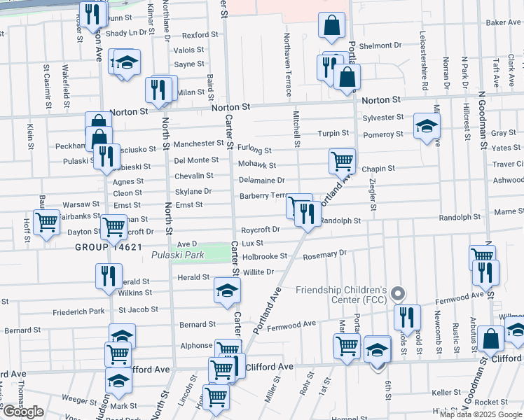 map of restaurants, bars, coffee shops, grocery stores, and more near 307 Durnan Street in Rochester