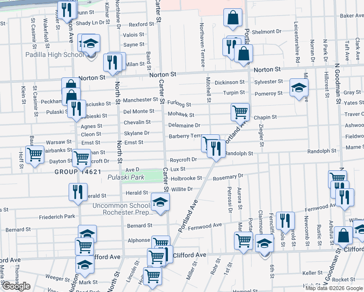 map of restaurants, bars, coffee shops, grocery stores, and more near 307 Durnan Street in Rochester