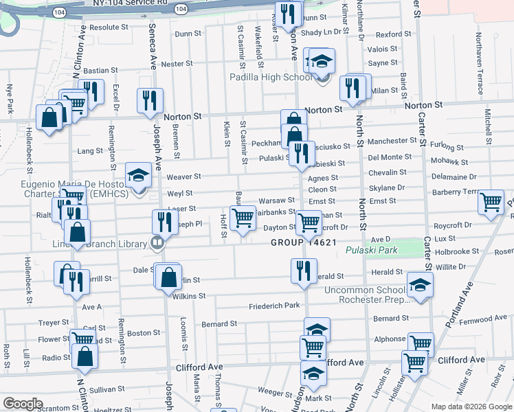 map of restaurants, bars, coffee shops, grocery stores, and more near 25 Fairbanks Street in Rochester