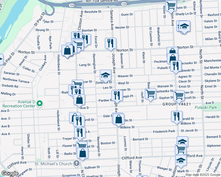 map of restaurants, bars, coffee shops, grocery stores, and more near 933 Joseph Avenue in Rochester